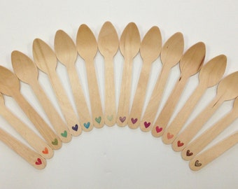 Quantity 50 Hand Stamped Wooden Utensils - Small Heart in Color Choice