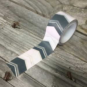 Washi Tape 20mm Baby Pink and Charcoal Chevron Pattern on White Deco Paper Tape No. 414 image 1