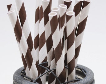 Chocolate Brown Stripe Paper Straws - Perfect for Parties - Favors--Free Editable DIY Tags PDF