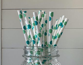 Aqua and Seafoam Green Dot Paper Straws - Perfect for Spring and Summer Parties - Favors - Birthdays!