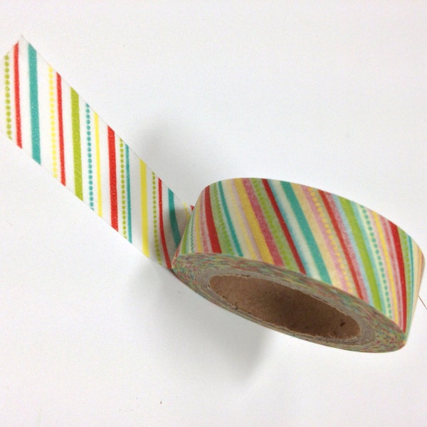 Washi Tape - 15mm - Multi Colored Stripes and Dots Aqua Rosy Red Yellow Lime - Deco Paper Tape No. 645