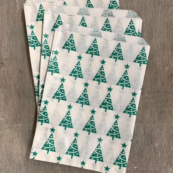 Christmas Tree Print Sweet Shop Green on White Paper Bags - 5 x 7