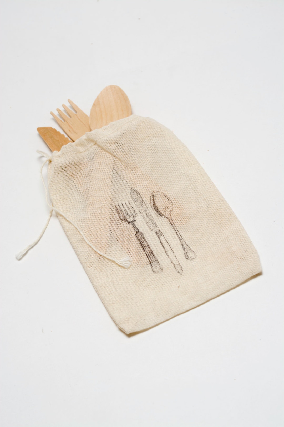 Sample Disposable Wooden Utensil Packs in Printed Muslin Bags 5 X 7 & 4