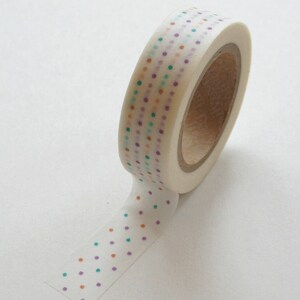 May include: A roll of white washi tape with a repeating pattern of small orange, purple, and teal dots.