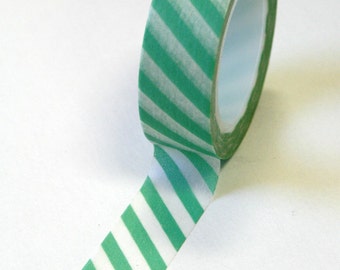 Washi Tape - 15mm - Deep Minty Green and White Diagonal Stripe - Deco Paper Tape No. 527