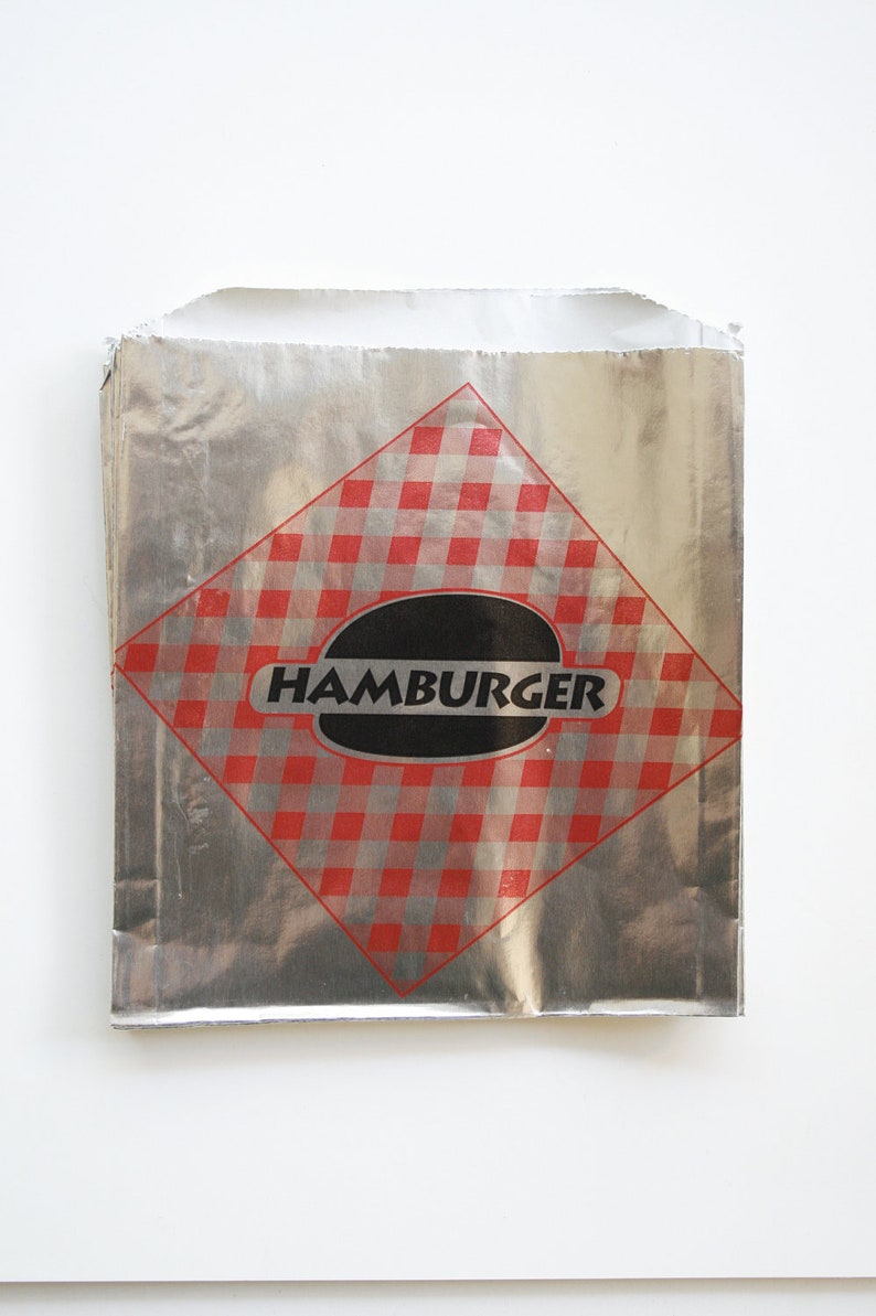 Vintage Style Foil Paper Lined Jumbo Hamburger Bags Red and Black Checkered Gusseted 6-1/2 x 1-1/2 x 7-3/4 Inches set of 50 image 3