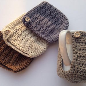 Crochet Coffee Mug Holder with Built in Coaster, Keeps Tea Warm, Wooden Button Closure