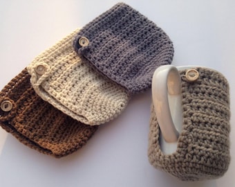 Crochet Coffee Mug Holder with Built in Coaster, Keeps Tea Warm, Wooden Button Closure
