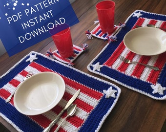Beginner Crochet Pattern, Patriotic Place mats, Coaster Set, 4th of July, Memorial Day, Veterans Day Decor, Digital Download