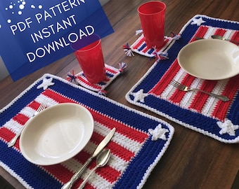 Patriotic Crochet Placemat Set: Red White Blue, Beginner Pattern