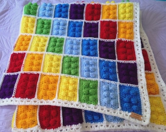 Crochet Blanket: Rainbow Pixel Blocks - Handmade, Textured Throw
