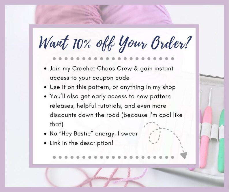 The image is a promotional poster for a crochet chaos crew, offering a 10% discount on orders. It includes text and a list of benefits, such as instant access to a coupon code, early access to new patterns, helpful tutorials, and more discounts down the road. The poster also mentions a "Hey Bestie" energy drink and encourages customers to link in the description.