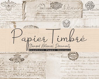 Documentos notariales sellados en papel timbrado / Material efímero / Papeles antiguos / Francés / Escritura / Diario imprimible (Descarga digital)
