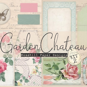 Könnte beinhalten: Eine Collage aus Vintage-Papier-Ephemera mit Blumen- und Schmetterlingsmotiven. Enthält Umschläge, Anhänger und einen Rahmen mit Spitzenbesatz. Der Text "Garden Chateau" und "Rosehill Paper Designs" ist sichtbar.