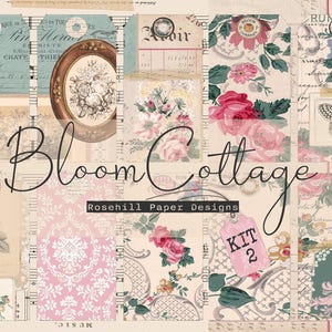 May include: A collection of vintage-style tags and ephemera featuring floral and botanical patterns. The words "Bloom Cottage" are written in a script font, with "Rosehill Paper Designs" below. The colour scheme includes soft pinks, blues, and creams.