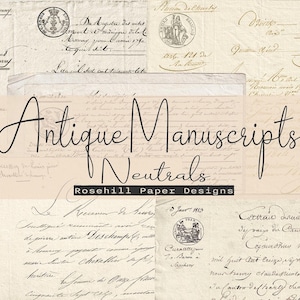Puede incluir: Un collage de manuscritos antiguos en tonos neutros. La imagen presenta documentos manuscritos con sellos y sellos. El texto "Antique Manuscripts Neutrals" está superpuesto, con "Rosehill Paper Designs" debajo.