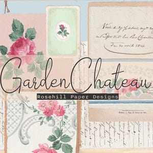 Puede incluir: Un collage de elementos de papel vintage con detalles florales y de escritura. El diseño presenta rosas rosas, una tarjeta verde con una rosa y los textos "Garden Chateau" y "Rosehill Paper Designs". La estética general es romántica y antigua.