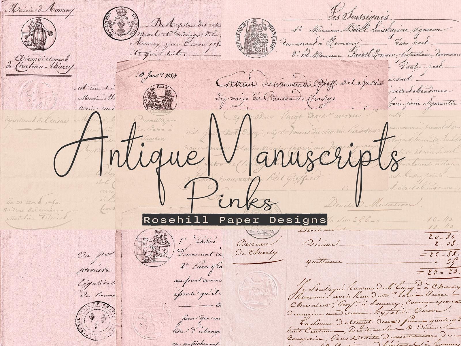 Empherma Script Paper Antique Manuscripts PINKS | Ephemera | Decorative Paper | French Papers ...