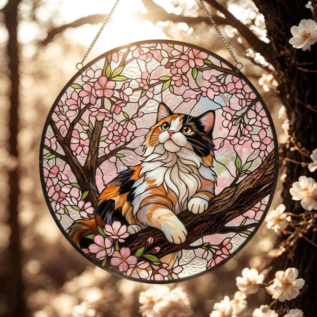 Cat Stained Glass Suncatcher, Cherry Blossom Cat Window Hanging, Floral ...