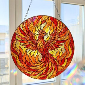 Phoenix Stained Glass Suncatcher, Rebirth Symbol Window Hanging, Spiritual Decor, Rising From Ashes Art, Fantasy Lover Gift, Mythical Art
