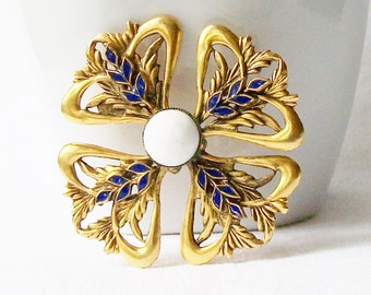 Vintage Leaf Brooch, Vintage Freidrich Blue, white and gold brooch