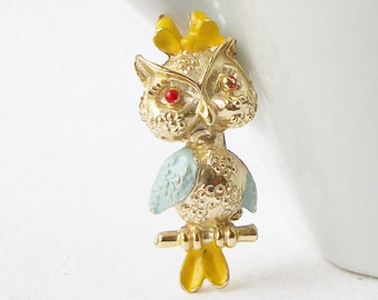 Vintage Owl Brooch, Enamel Pin, Cute Bird Jewelry