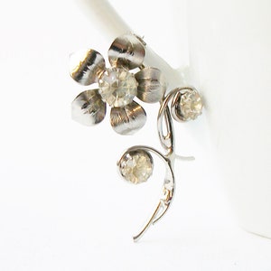 Vintage Silver Flower Brooch, Clear Rhinestone Pin
