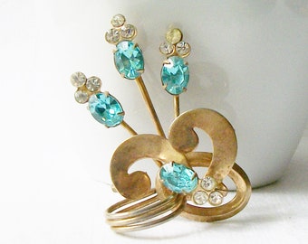 Vintage Blue Flower Brooch, Vintage Blue Rhinestone Pin, Something Blue