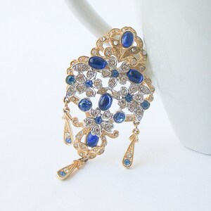 Vintage Blue Crystal Brooch, Large Statement Brooch