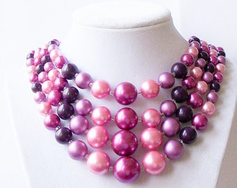 Vintage Four Strand Pink & Purple Beaded Necklace - 1950s JAPAN