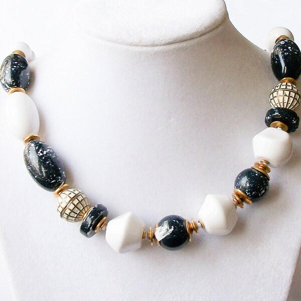 Vintage Blue Speckle Bead Necklace, 30 inch