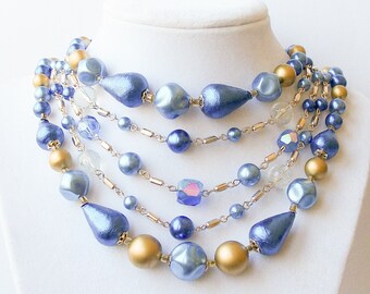Vintage Five Strand Blue Necklace, Vintage 1960 JAPAN