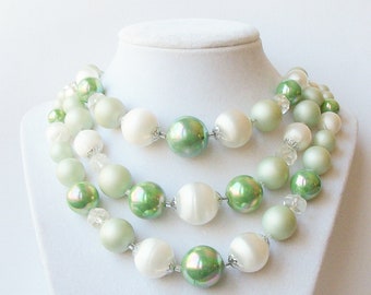 Vintage Green Bead Necklace: 1950s Three Strand Crystal Jewelry