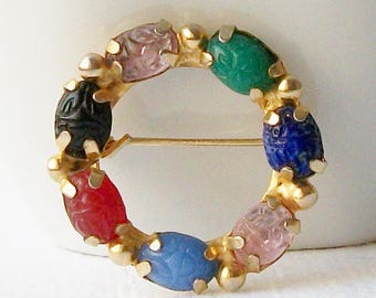 Vintage Scarab Circle Brooch, Vintage Circle Brooch, Old Blue Pin