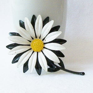 Vintage Black and White Flower Brooch, 1960 Flower Power Pin