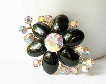 Vintage Black and Aurora Borealis Crystal Brooch,Vintage Pin