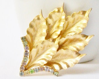 Vintage Crystal Leaf Brooch