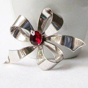 Vintage Red Sterling Bow Brooch, Sterling Ribbon Pin