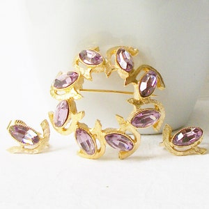 Vintage Purple Rhinestone Brooch with matching clip earrings