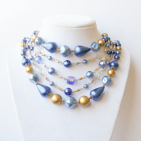 Vintage Five Strand Blue Necklace, Vintage 1960 J… - image 1