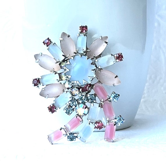 Vintage Blue and Pink Flower Brooch, Something Bl… - image 1