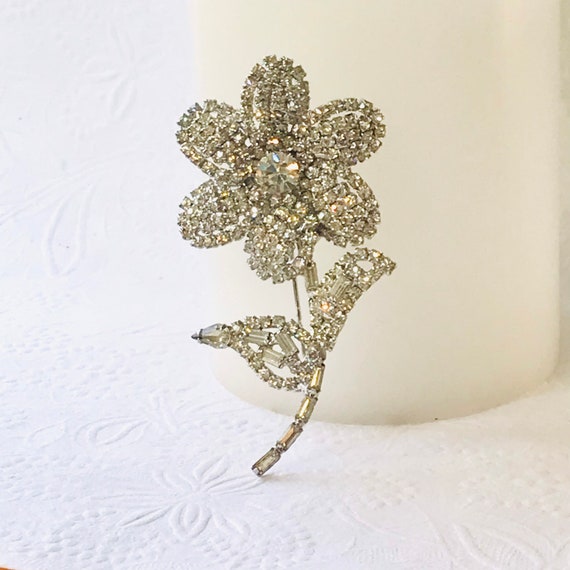 Vintage Rhinestone Flower Brooch, Clear Rhineston… - image 4