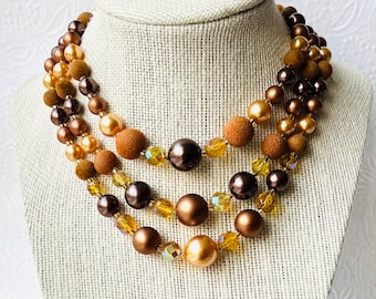 Vintage Brown Necklace , 3 strand Japanese necklace