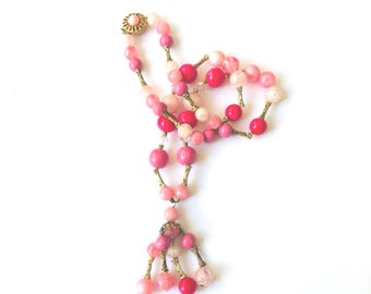 Vintage Pink Beaded Tassel Necklace: Plastic & Crystal