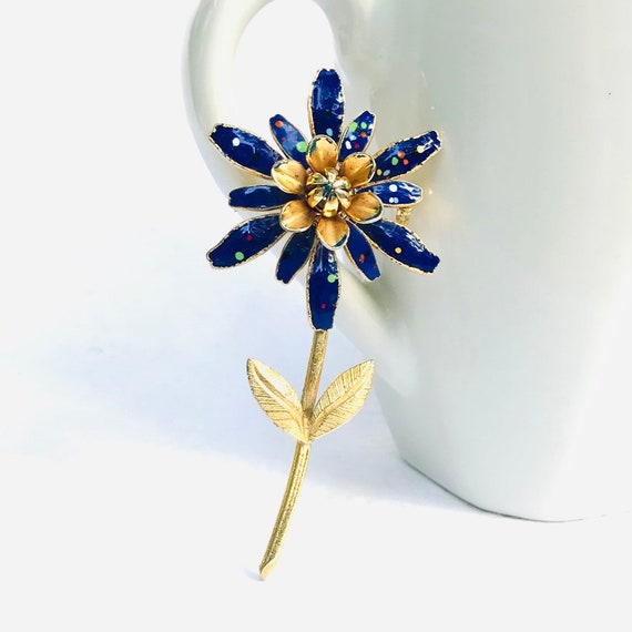 Vintage Blue Flower Brooch, 1960 Flower Power Pin - image 1