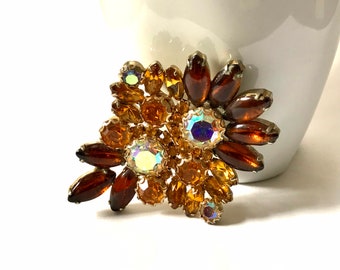 Vintage Brown Crystal Flower Brooch