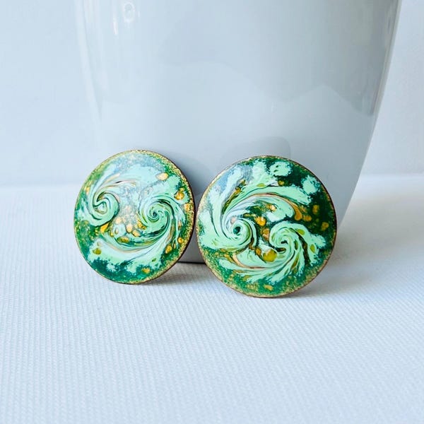 Vintage Green Copper Enamel Clip Earrings
