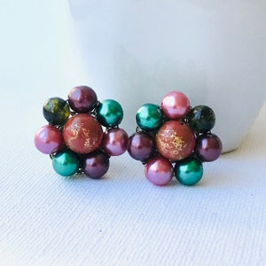Vintage Green Cluster Clip Earrings - JAPAN