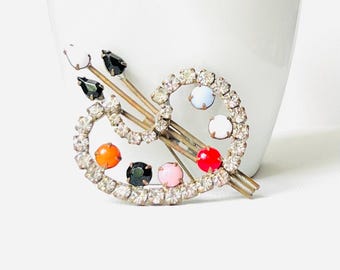Vintage Oil Palette Brooch: Colorful Rhinestone Artist Pin