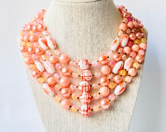 Vintage Orange and Pink Necklace Five Strand Vintage Necklace